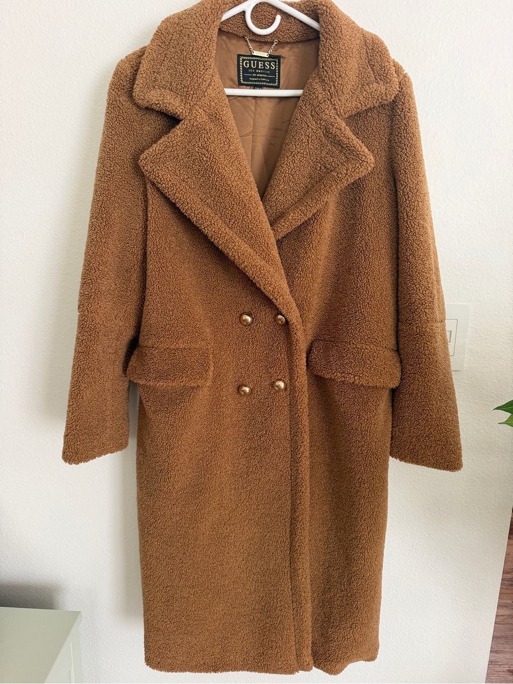 GUESS Teddy Double-Breasted Coat in Camel Size M